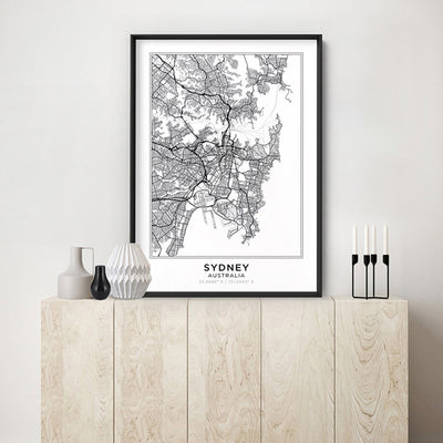 City Map | SYDNEY - Art Print, Poster, Stretched Canvas or Framed Wall Art Prints, shown framed in a room