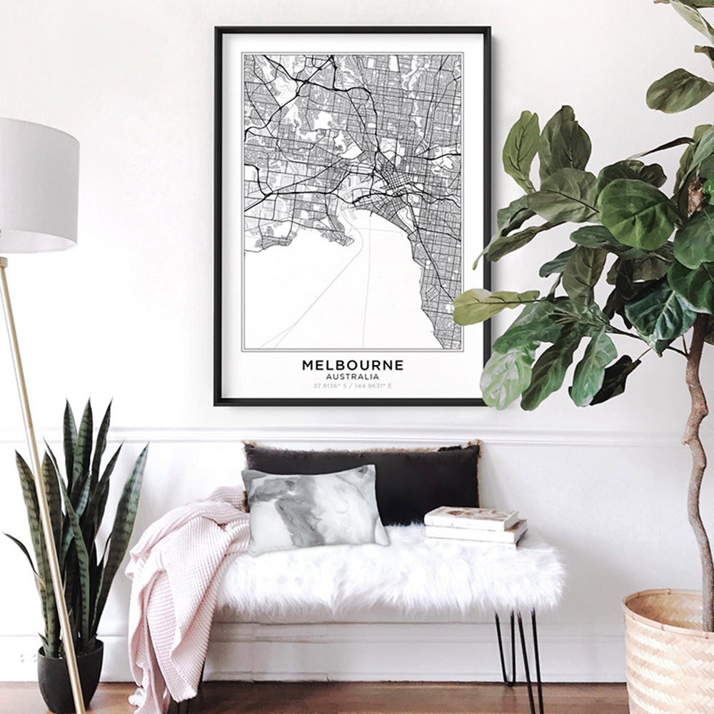 City Map | MELBOURNE - Art Print, Poster, Stretched Canvas or Framed Wall Art Prints, shown framed in a room