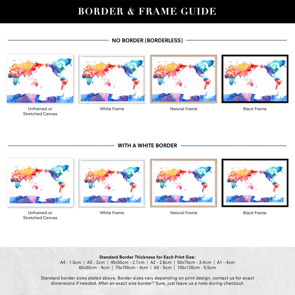 World Map Rainbow Watercolour - Art Print, Poster, Stretched Canvas or Framed Wall Art, Showing White , Black, Natural Frame Colours, No Frame (Unframed) or Stretched Canvas, and With or Without White Borders