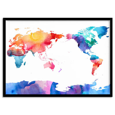 World Map Rainbow Watercolour - Art Print, Poster, Stretched Canvas, or Framed Wall Art Print, shown in a black frame