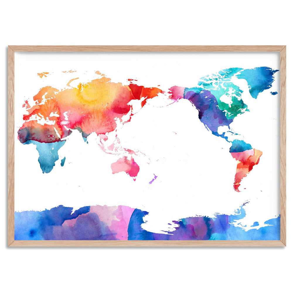 World Map Rainbow Watercolour - Art Print, Poster, Stretched Canvas, or Framed Wall Art Print, shown in a natural timber frame