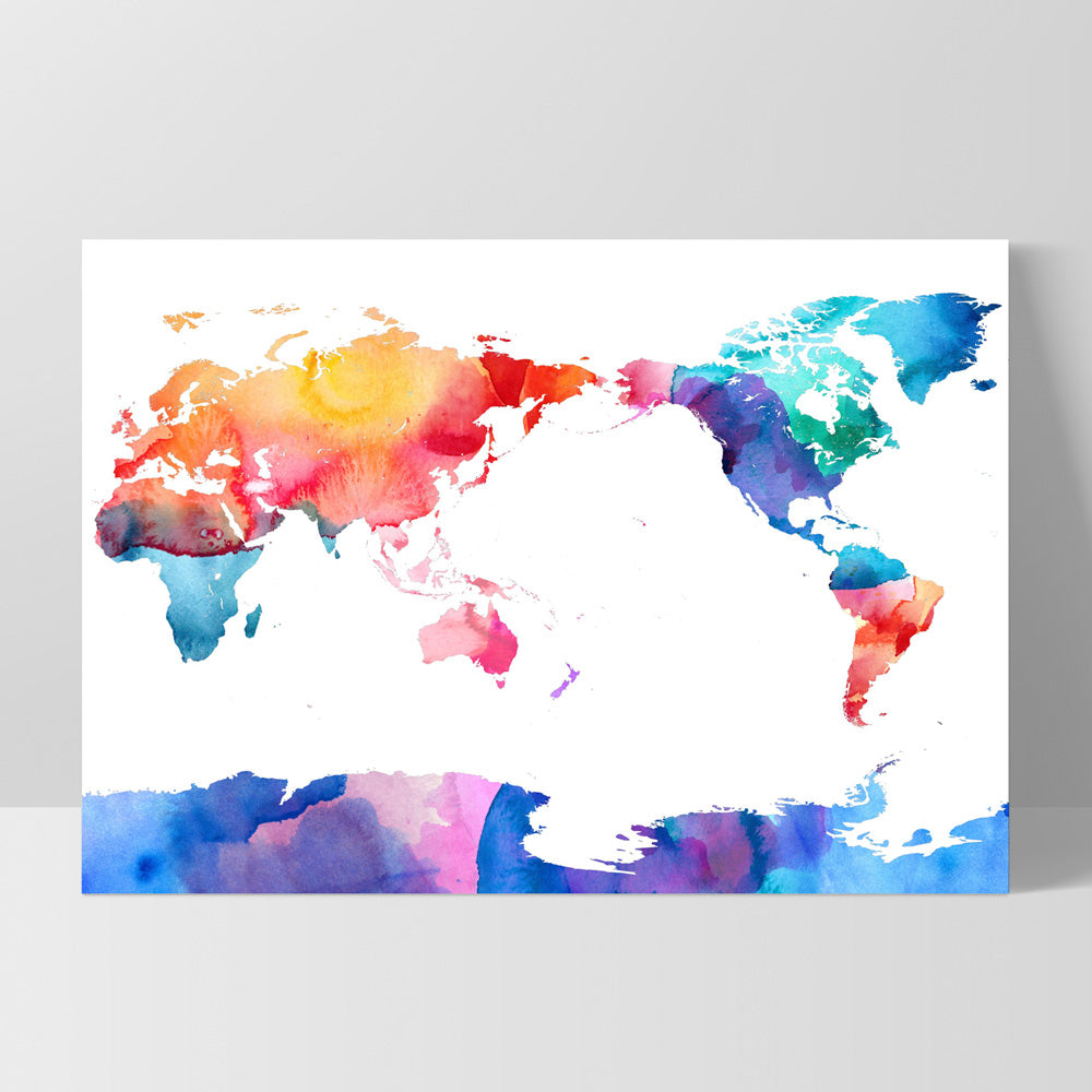 World Map Rainbow Watercolour - Art Print, Poster, Stretched Canvas, or Framed Wall Art Print, shown as a stretched canvas or poster without a frame