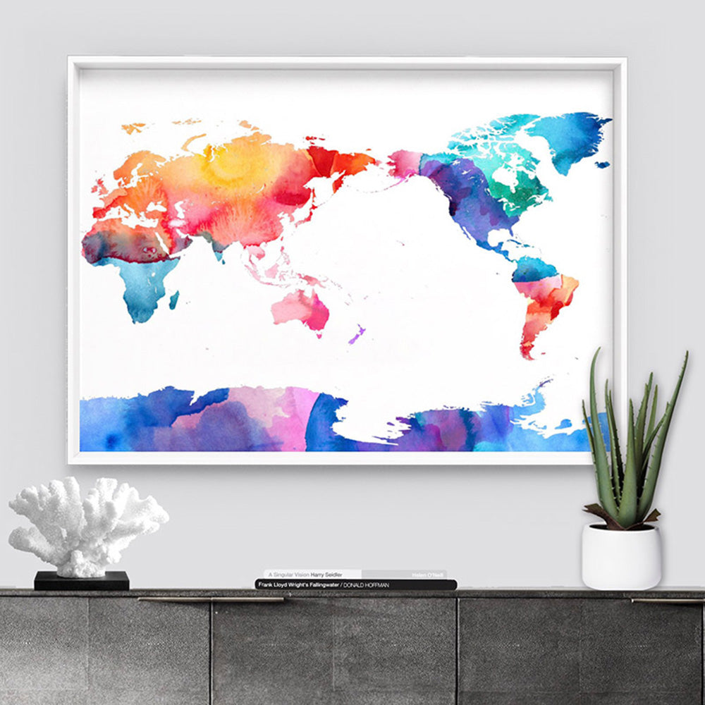 World Map Rainbow Watercolour - Art Print, Poster, Stretched Canvas or Framed Wall Art Prints, shown framed in a room