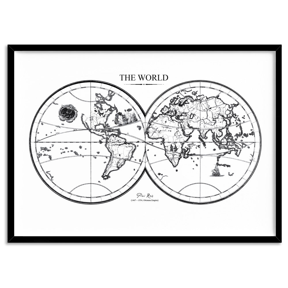 World Map Double Hemisphere - Art Print, Poster, Stretched Canvas, or Framed Wall Art Print, shown in a black frame