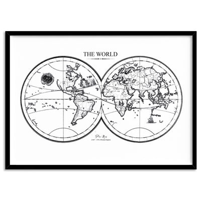 World Map Double Hemisphere - Art Print, Poster, Stretched Canvas, or Framed Wall Art Print, shown in a black frame