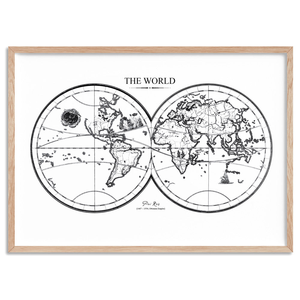 World Map Double Hemisphere - Art Print, Poster, Stretched Canvas, or Framed Wall Art Print, shown in a natural timber frame