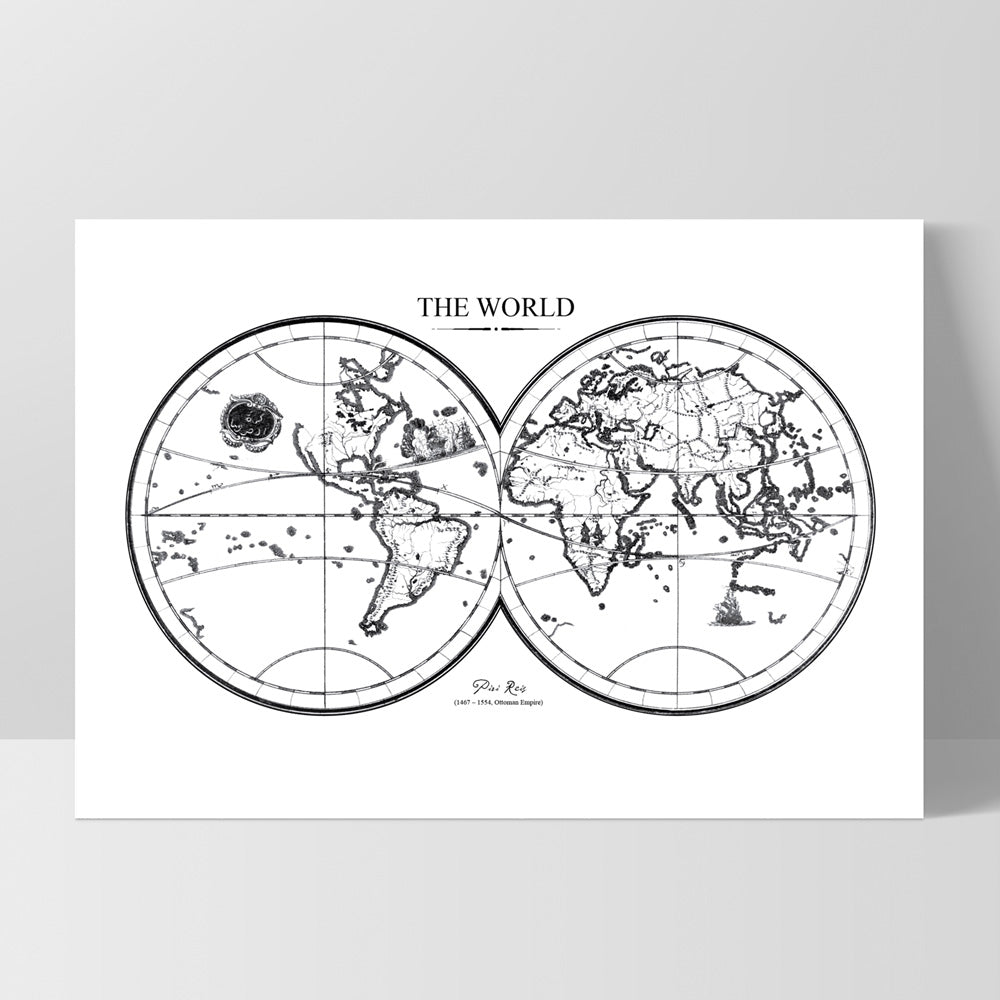 World Map Double Hemisphere - Art Print, Poster, Stretched Canvas, or Framed Wall Art Print, shown as a stretched canvas or poster without a frame
