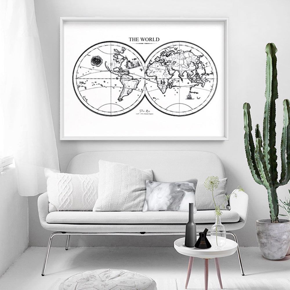 World Map Double Hemisphere - Art Print, Poster, Stretched Canvas or Framed Wall Art Prints, shown framed in a room