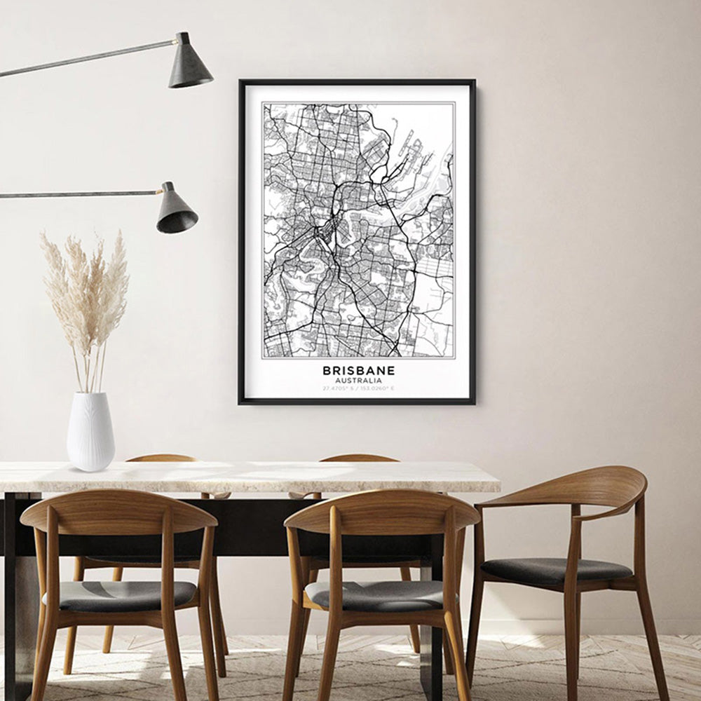 City Map | BRISBANE - Art Print, Poster, Stretched Canvas or Framed Wall Art Prints, shown framed in a room