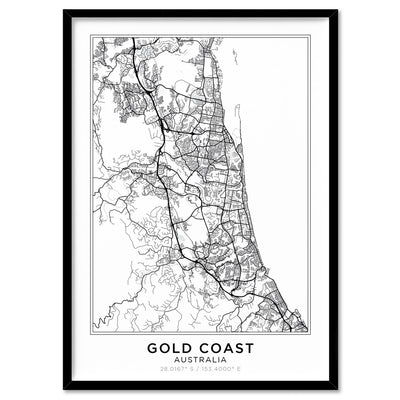City Map | GOLD COAST - Art Print, Poster, Stretched Canvas, or Framed Wall Art Print, shown in a black frame