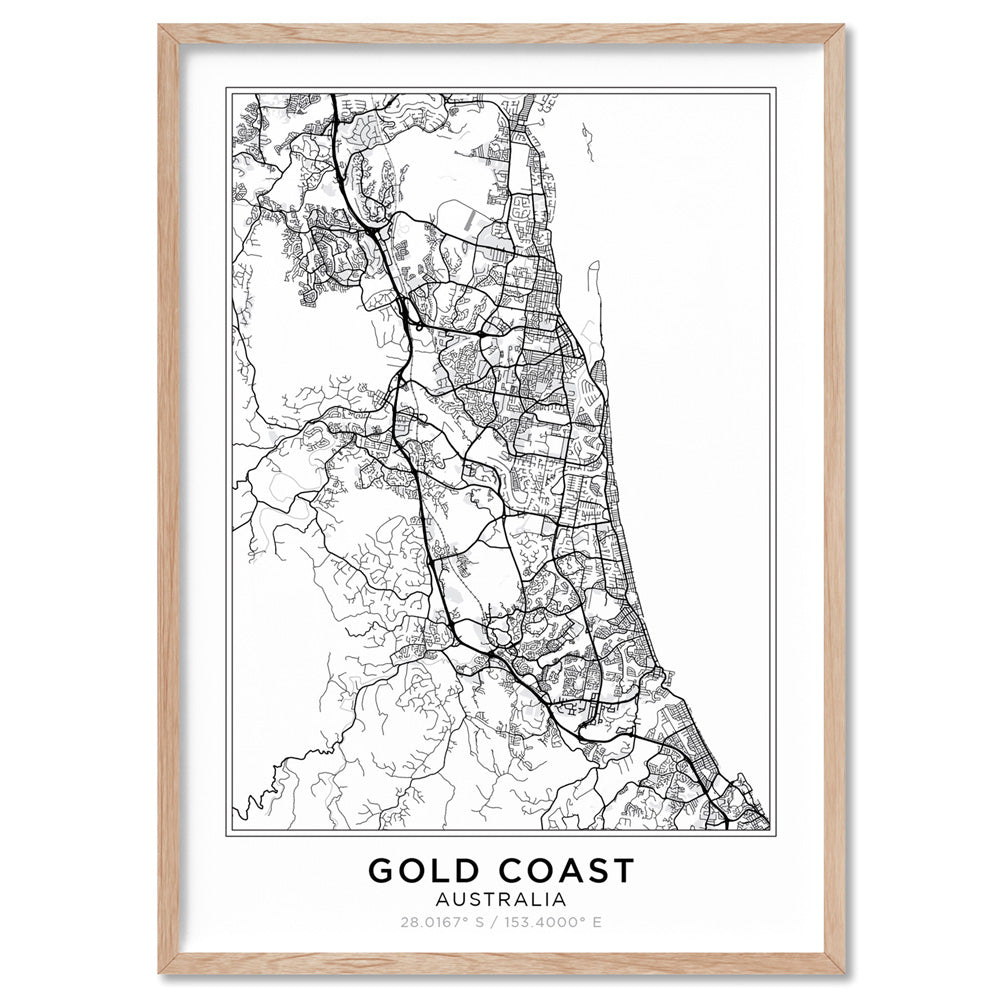 City Map | GOLD COAST - Art Print, Poster, Stretched Canvas, or Framed Wall Art Print, shown in a natural timber frame