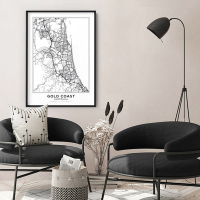 City Map | GOLD COAST - Art Print, Poster, Stretched Canvas or Framed Wall Art Prints, shown framed in a room