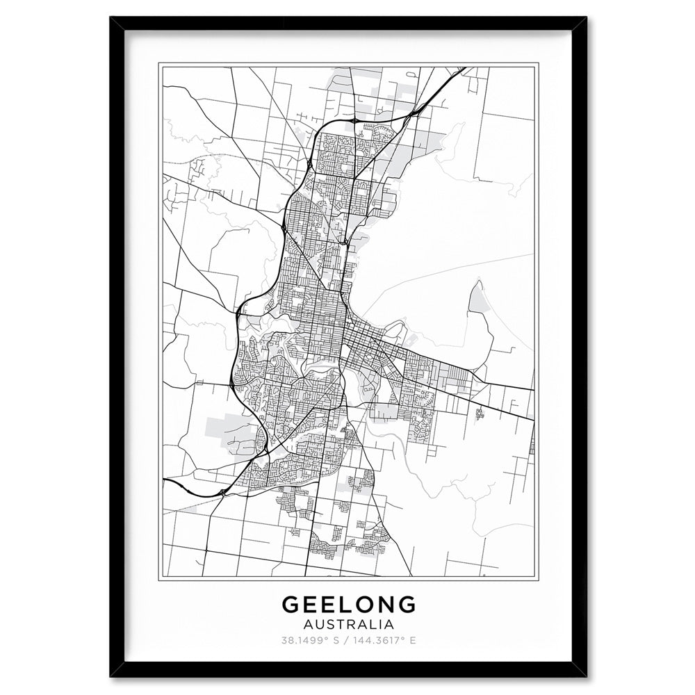 City Map | GEELONG - Art Print, Poster, Stretched Canvas, or Framed Wall Art Print, shown in a black frame