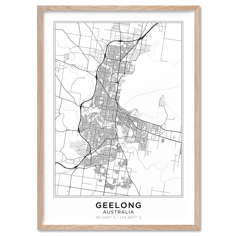 City Map | GEELONG - Art Print, Poster, Stretched Canvas, or Framed Wall Art Print, shown in a natural timber frame