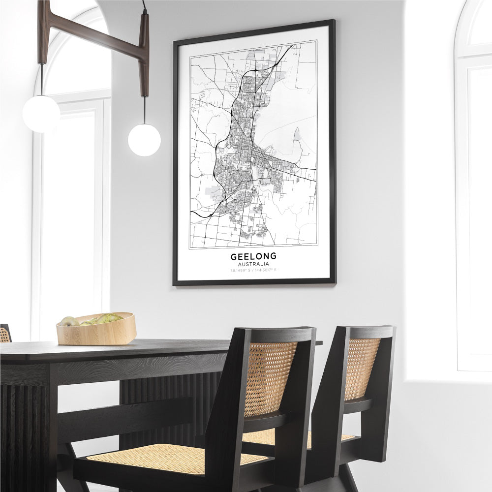 City Map | GEELONG - Art Print, Poster, Stretched Canvas or Framed Wall Art Prints, shown framed in a room