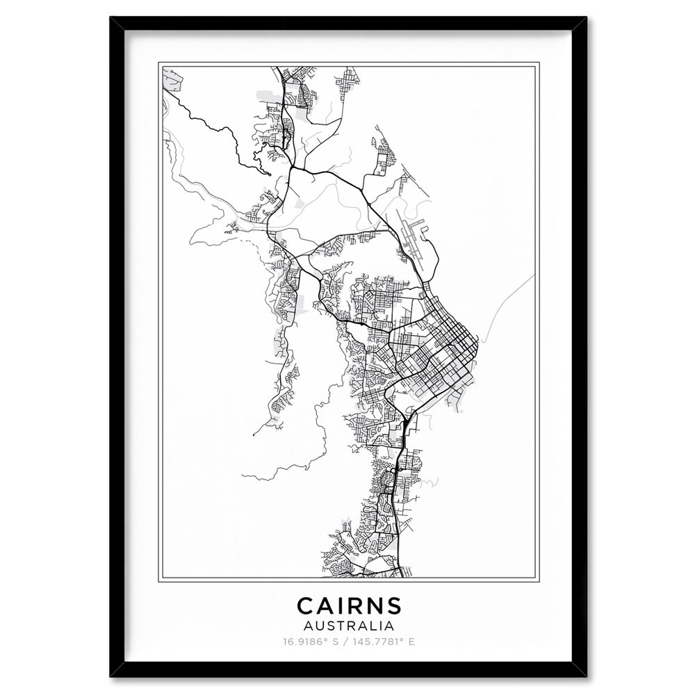 City Map | CAIRNS - Art Print, Poster, Stretched Canvas, or Framed Wall Art Print, shown in a black frame