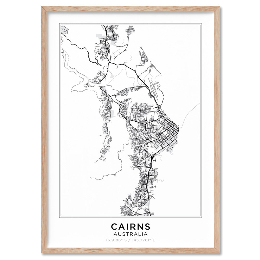 City Map | CAIRNS - Art Print, Poster, Stretched Canvas, or Framed Wall Art Print, shown in a natural timber frame
