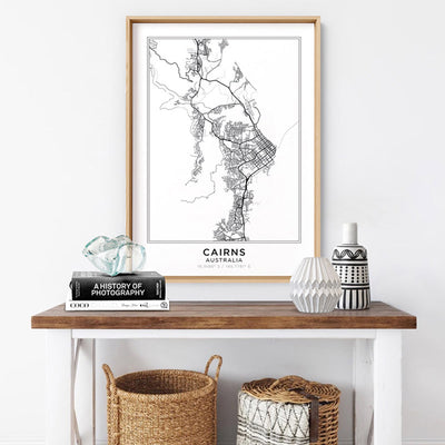 City Map | CAIRNS - Art Print, Poster, Stretched Canvas or Framed Wall Art Prints, shown framed in a room