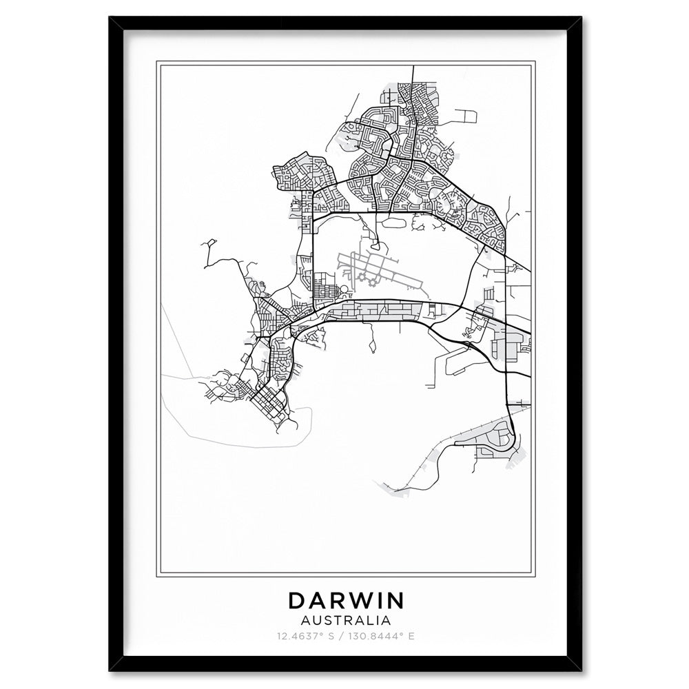 City Map | DARWIN - Art Print, Poster, Stretched Canvas, or Framed Wall Art Print, shown in a black frame