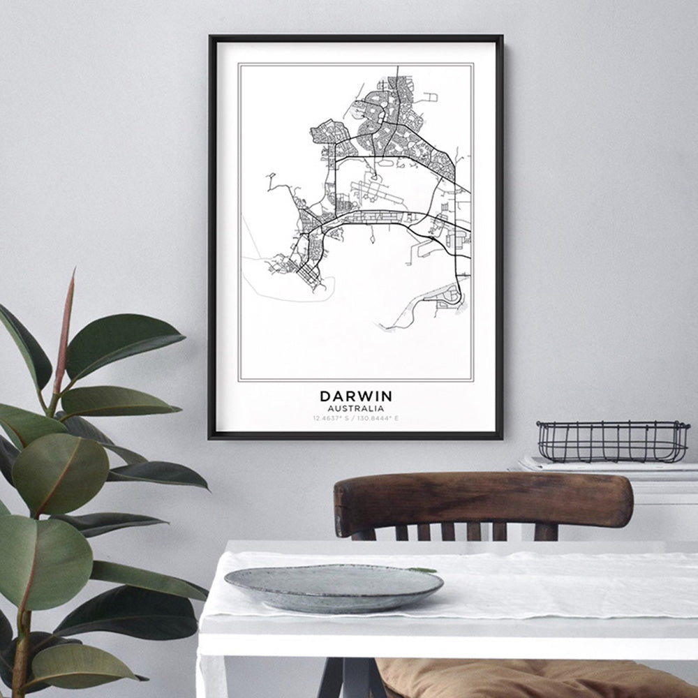 City Map | DARWIN - Art Print, Poster, Stretched Canvas or Framed Wall Art Prints, shown framed in a room
