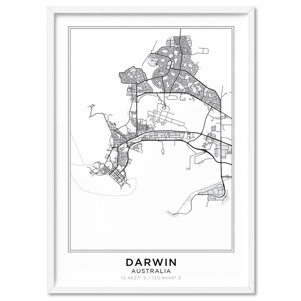 City Map | DARWIN - Art Print, Poster, Stretched Canvas, or Framed Wall Art Print, shown in a white frame