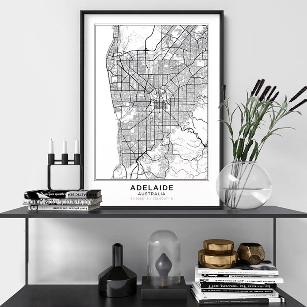 City Map | ADELAIDE - Art Print, Poster, Stretched Canvas or Framed Wall Art Prints, shown framed in a room