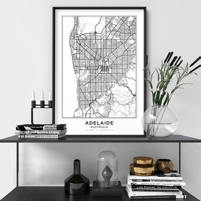 City Map | ADELAIDE - Art Print, Poster, Stretched Canvas or Framed Wall Art Prints, shown framed in a room