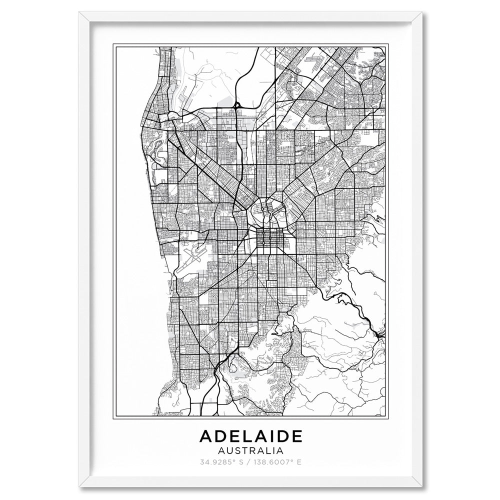 City Map | ADELAIDE - Art Print, Poster, Stretched Canvas, or Framed Wall Art Print, shown in a white frame