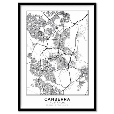 City Map | CANBERRA - Art Print, Poster, Stretched Canvas, or Framed Wall Art Print, shown in a black frame