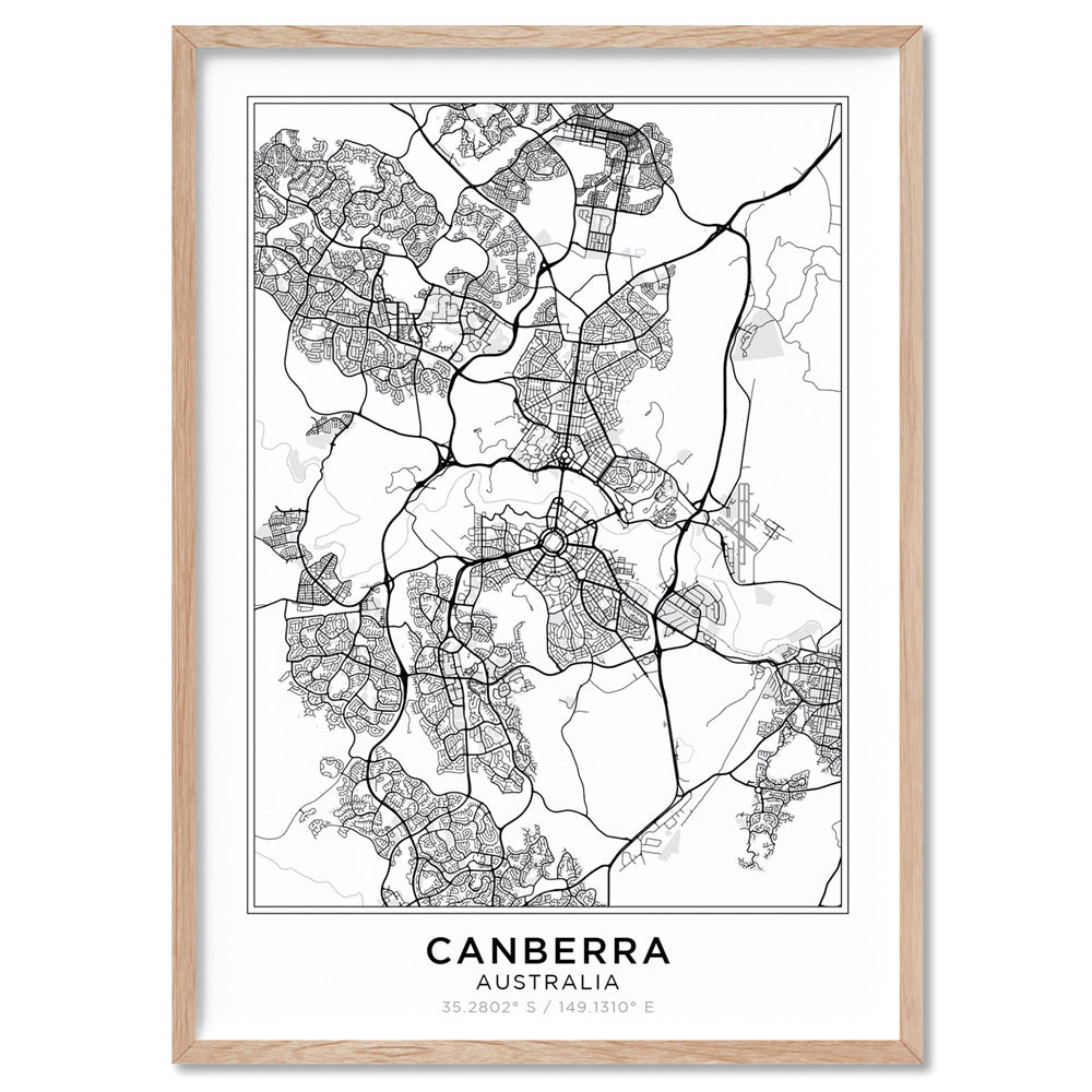 City Map | CANBERRA - Art Print, Poster, Stretched Canvas, or Framed Wall Art Print, shown in a natural timber frame