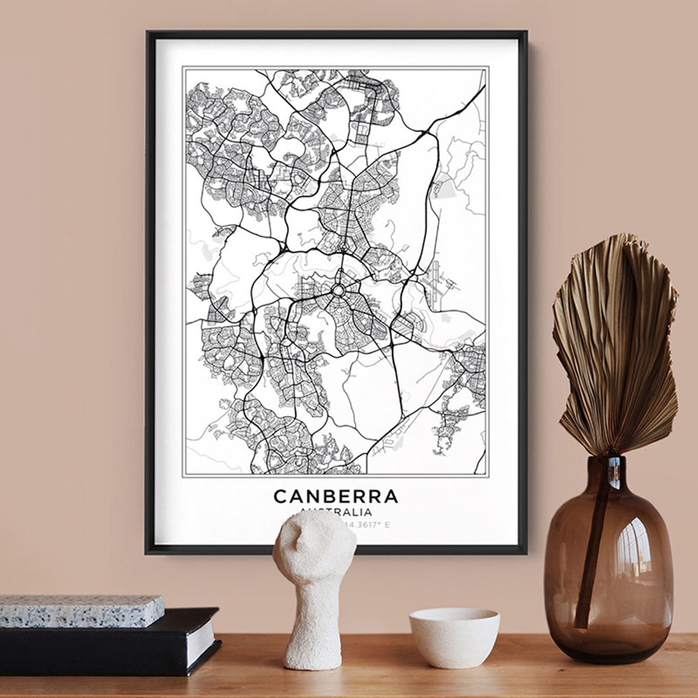 City Map | CANBERRA - Art Print, Poster, Stretched Canvas or Framed Wall Art Prints, shown framed in a room