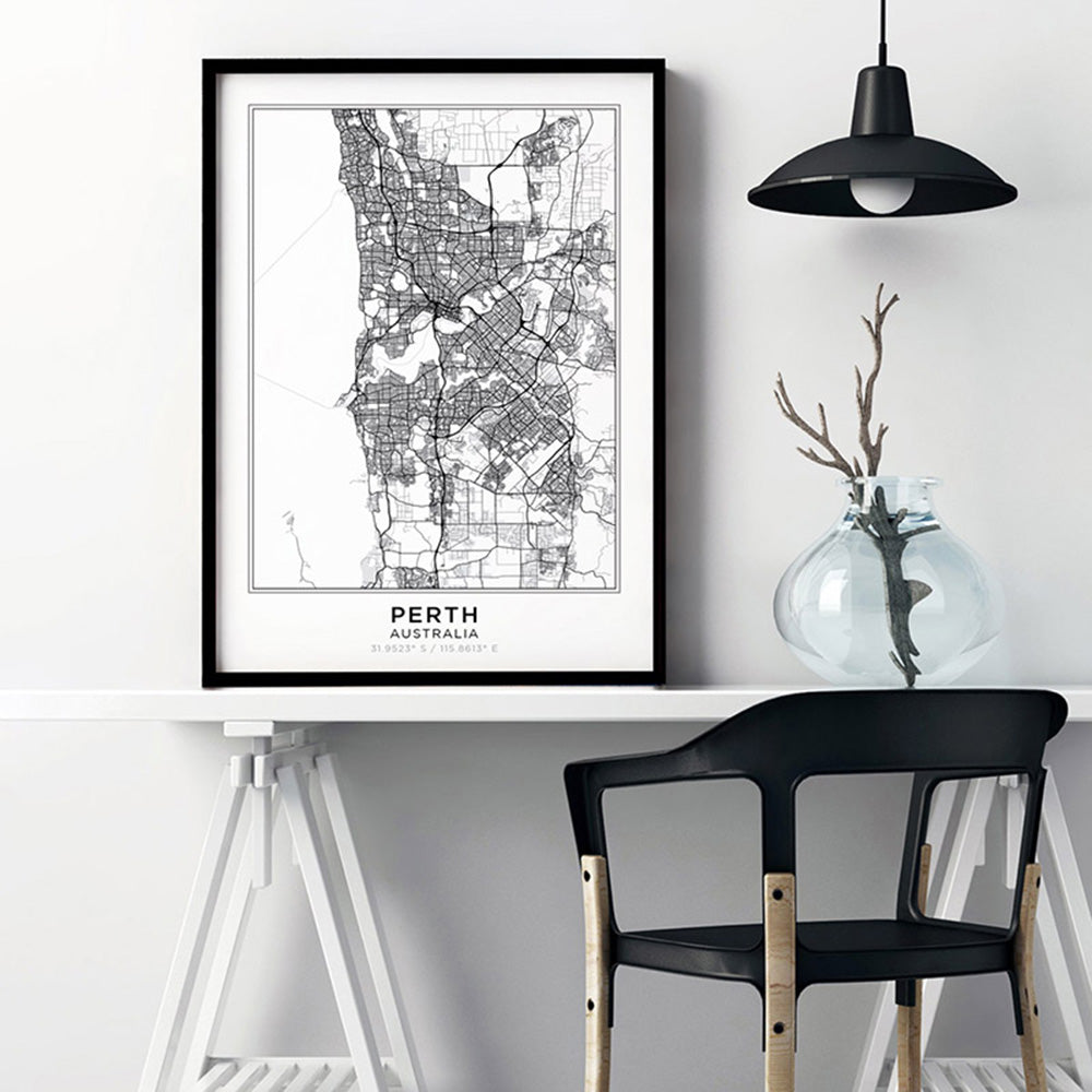 City Map | PERTH - Art Print, Poster, Stretched Canvas or Framed Wall Art Prints, shown framed in a room