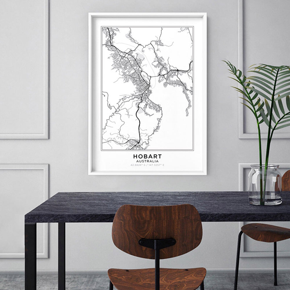 City Map | HOBART - Art Print, Poster, Stretched Canvas or Framed Wall Art Prints, shown framed in a room