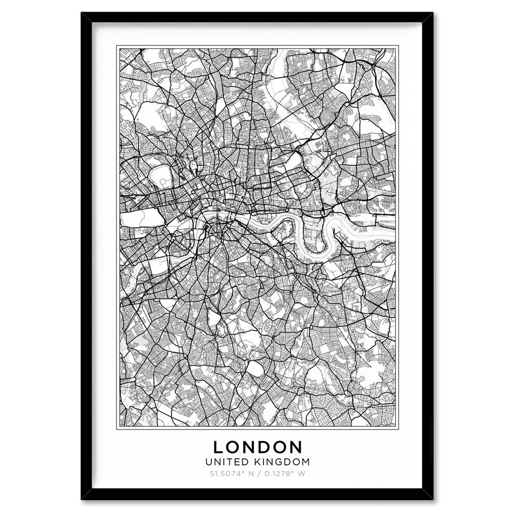 City Map | LONDON - Art Print, Poster, Stretched Canvas, or Framed Wall Art Print, shown in a black frame