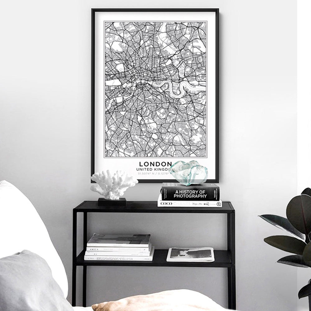 City Map | LONDON - Art Print, Poster, Stretched Canvas or Framed Wall Art Prints, shown framed in a room