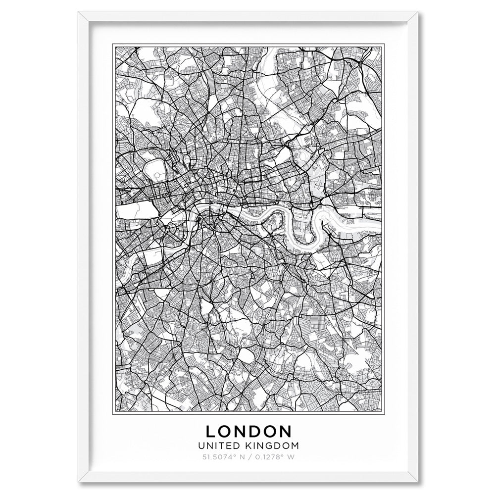 City Map | LONDON - Art Print, Poster, Stretched Canvas, or Framed Wall Art Print, shown in a white frame