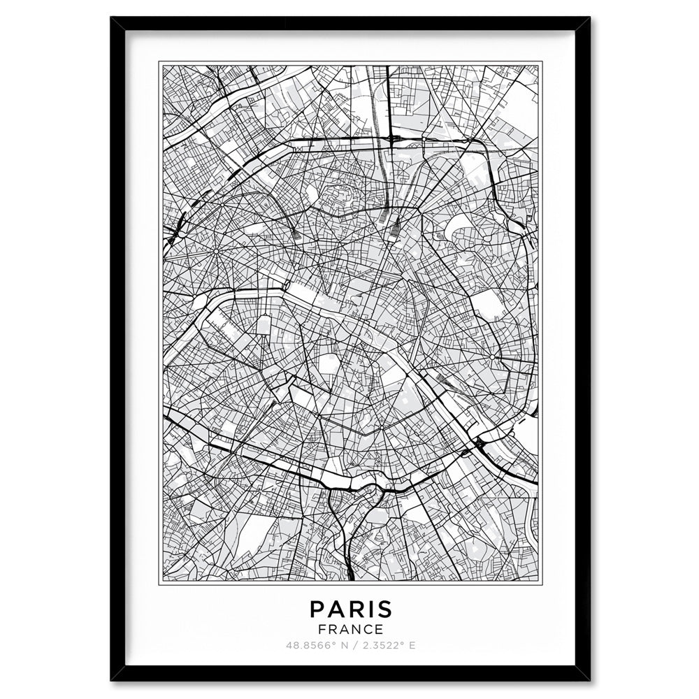 City Map | PARIS - Art Print, Poster, Stretched Canvas, or Framed Wall Art Print, shown in a black frame