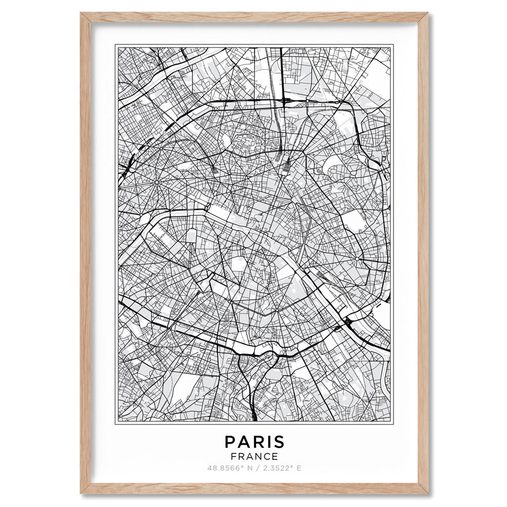 City Map | PARIS - Art Print, Poster, Stretched Canvas, or Framed Wall Art Print, shown in a natural timber frame
