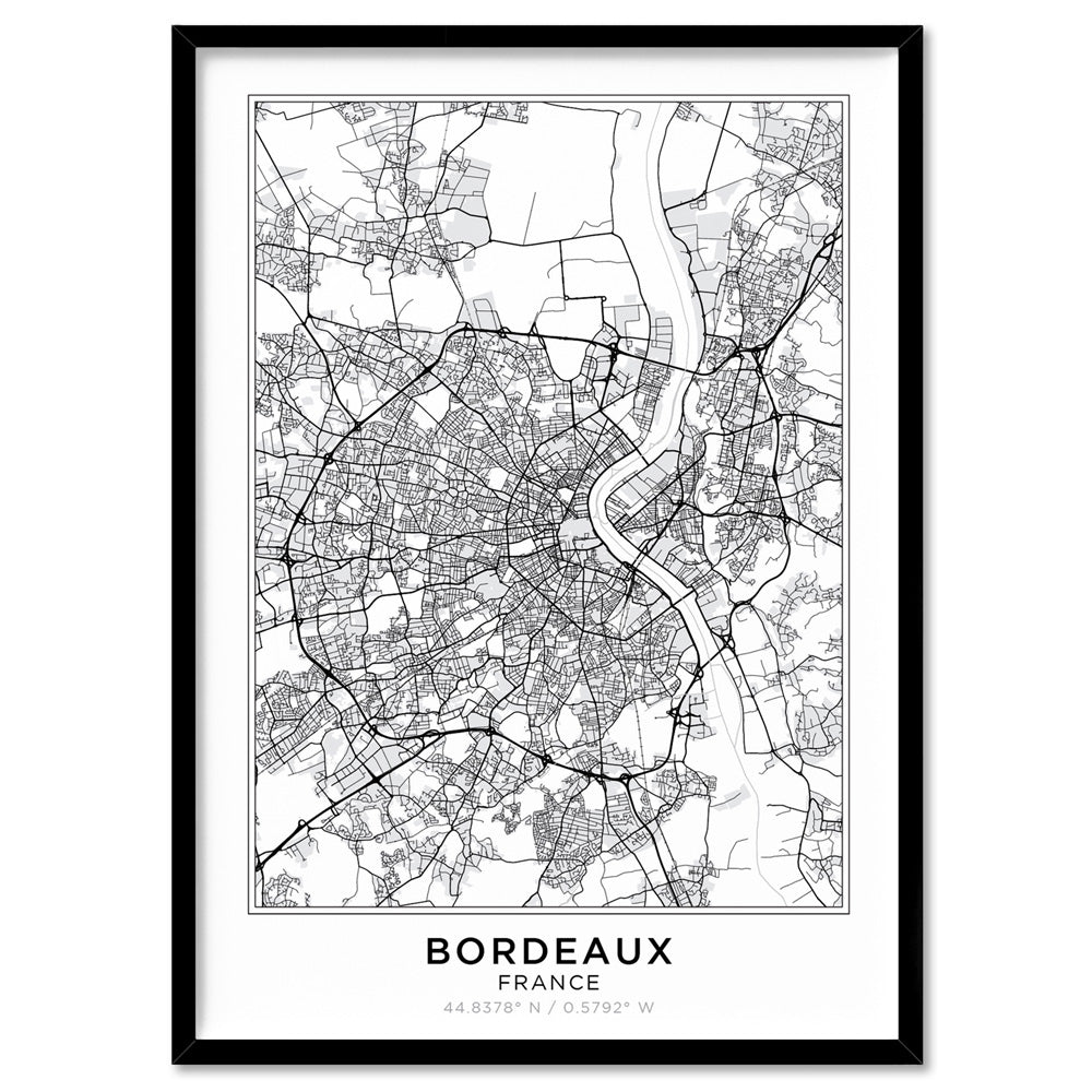 City Map | BORDEAUX - Art Print, Poster, Stretched Canvas, or Framed Wall Art Print, shown in a black frame
