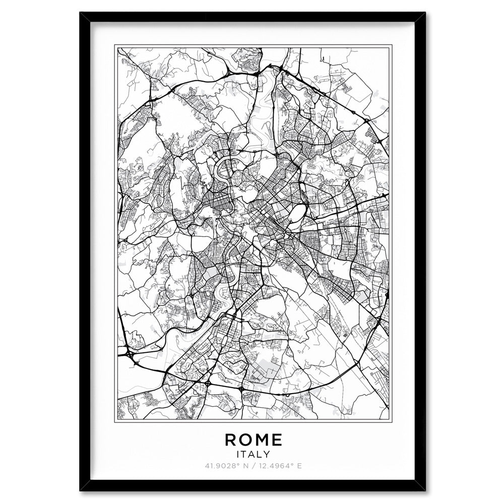 City Map | ROME - Art Print, Poster, Stretched Canvas, or Framed Wall Art Print, shown in a black frame