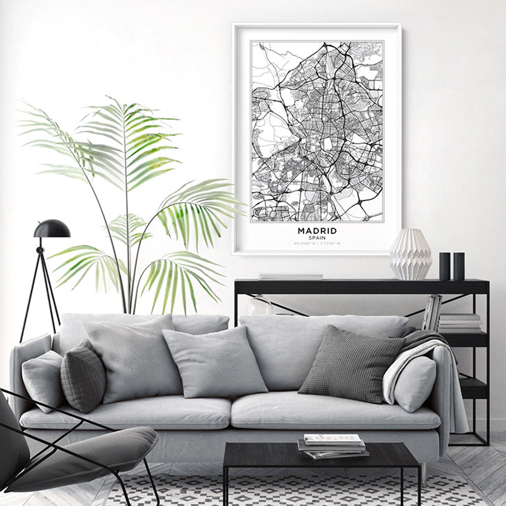 City Map | MADRID - Art Print, Poster, Stretched Canvas or Framed Wall Art Prints, shown framed in a room