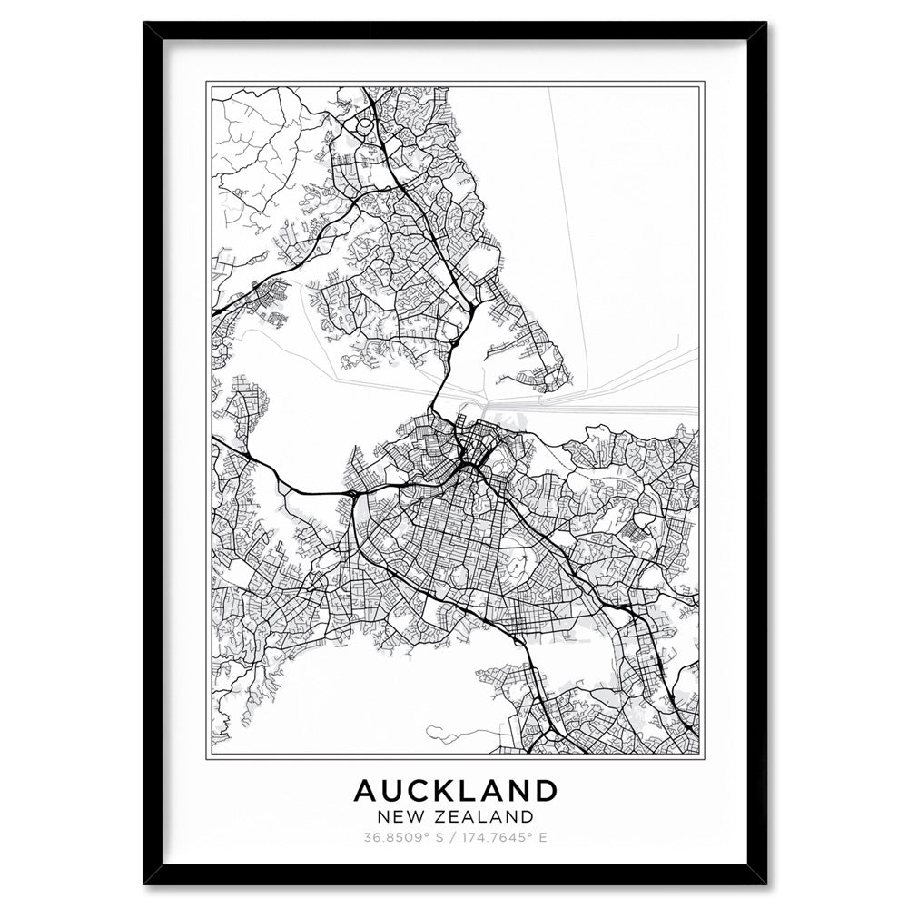 City Map | AUCKLAND - Art Print, Poster, Stretched Canvas, or Framed Wall Art Print, shown in a black frame