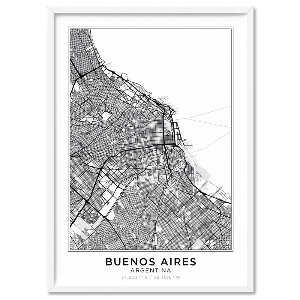 City Map | BUENOS AIRES - Art Print, Poster, Stretched Canvas, or Framed Wall Art Print, shown in a white frame
