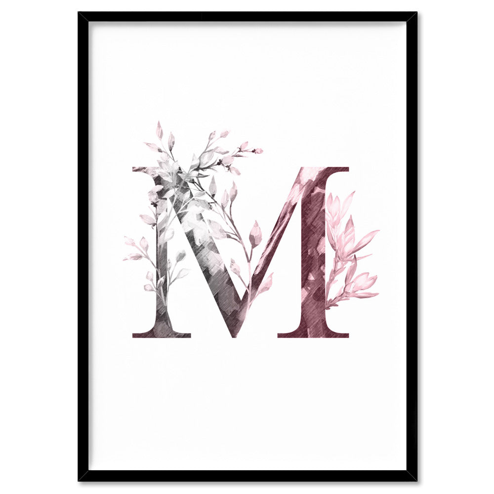 Custom Personalised Floral Watercolour Grey & Blush Initial - Art Print, Poster, Stretched Canvas, or Framed Wall Art Print, shown in a black frame