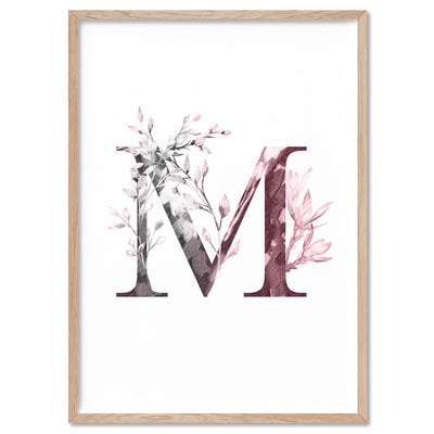 Custom Personalised Floral Watercolour Grey & Blush Initial - Art Print, Poster, Stretched Canvas, or Framed Wall Art Print, shown in a natural timber frame