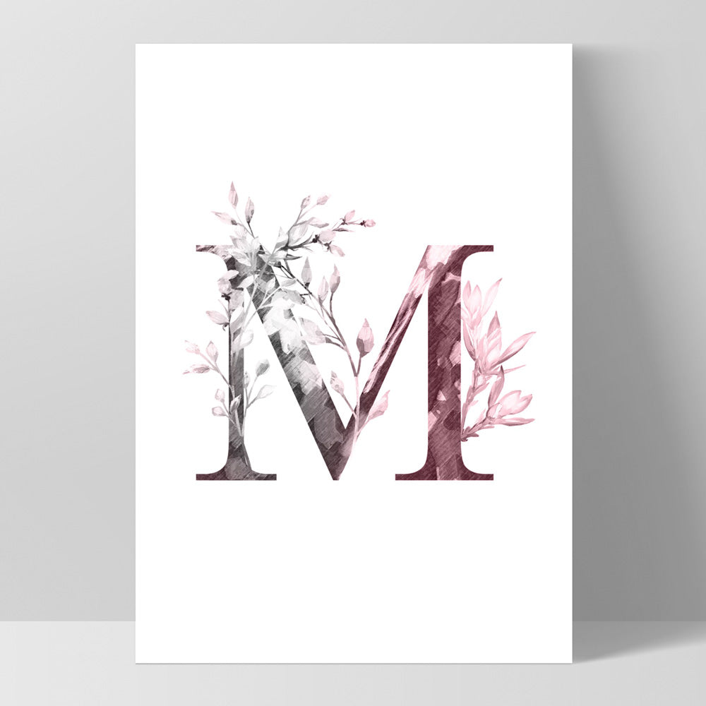 Custom Personalised Floral Watercolour Grey & Blush Initial - Art Print, Poster, Stretched Canvas, or Framed Wall Art Print, shown as a stretched canvas or poster without a frame