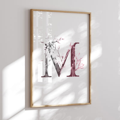Custom Personalised Floral Watercolour Grey & Blush Initial - Art Print, Poster, Stretched Canvas or Framed Wall Art Prints, shown framed in a room