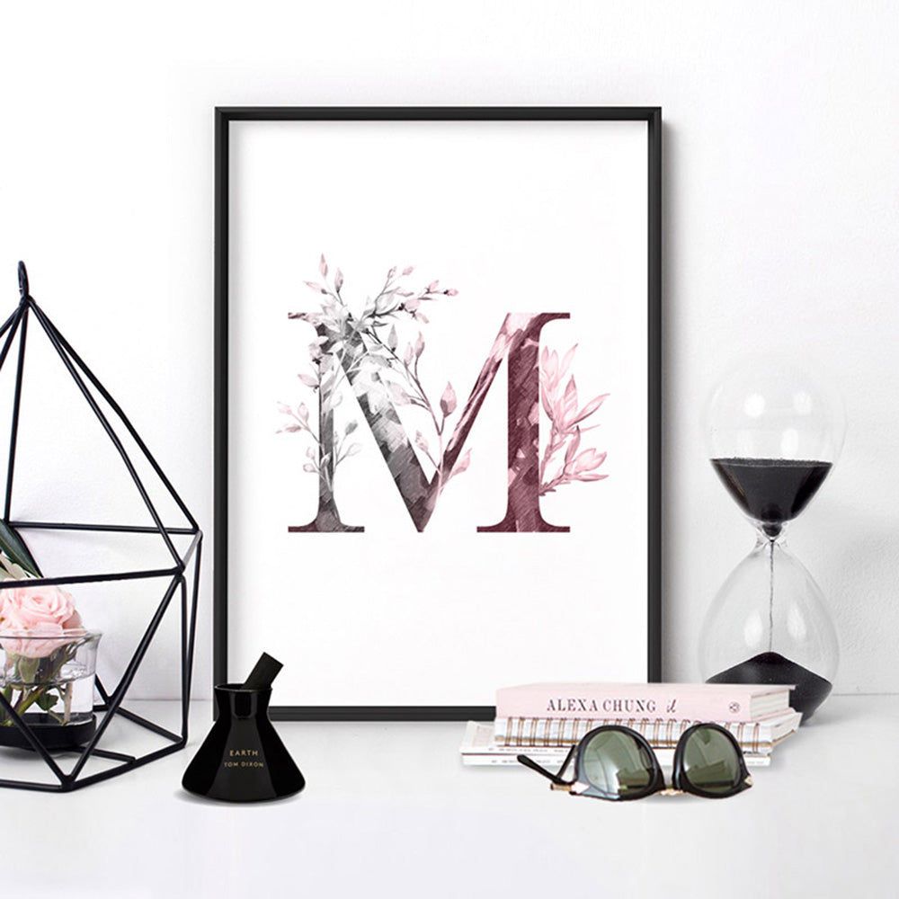 Custom Personalised Floral Watercolour Grey & Blush Initial - Art Print, Poster, Stretched Canvas or Framed Wall Art, shown framed in a home interior space