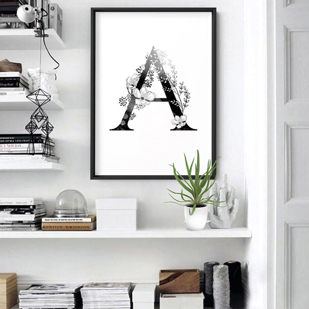 Custom Personalised Floral Watercolour B&W Initial - Art Print, Poster, Stretched Canvas or Framed Wall Art, shown framed in a home interior space