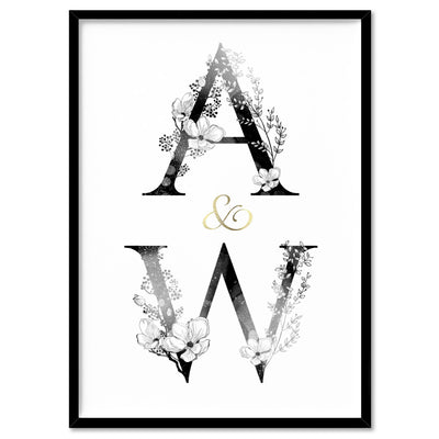 Custom Personalised Floral Watercolour Initials - Art Print, Poster, Stretched Canvas, or Framed Wall Art Print, shown in a black frame